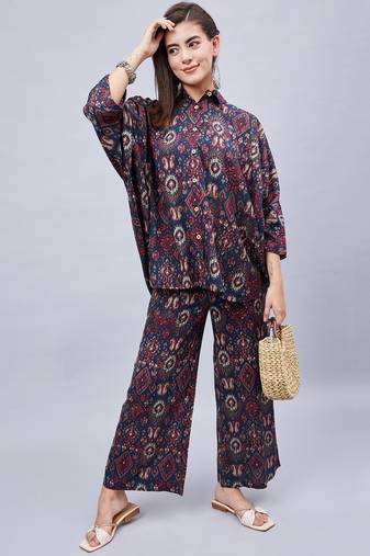 Winered woman navy blue geometric print kaftan co-ord set