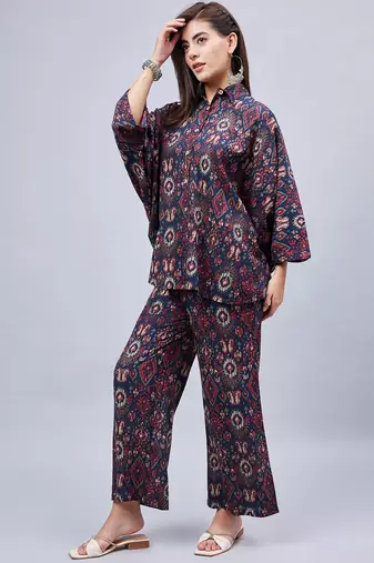 Winered woman navy blue geometric print kaftan co-ord set