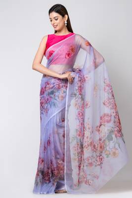 Indiloom Sky Blue Colorful Floral Digital Print Organza Saree With Blouse Piece 2