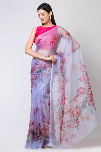 Indiloom Sky Blue Colorful Floral Digital Print Organza Saree With Blouse Piece