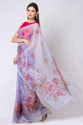 Indiloom Sky Blue Colorful Floral Digital Print Organza Saree With Blouse Piece 3