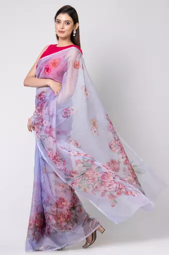 Indiloom Sky Blue Colorful Floral Digital Print Organza Saree With Blouse Piece
