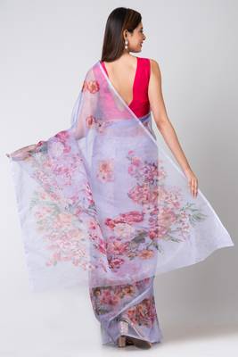 Indiloom Sky Blue Colorful Floral Digital Print Organza Saree With Blouse Piece 4