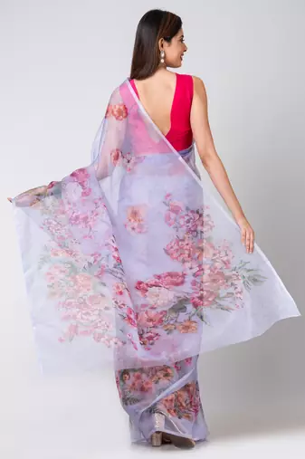 Indiloom Sky Blue Colorful Floral Digital Print Organza Saree With Blouse Piece
