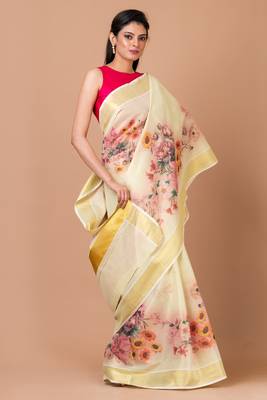 Indiloom Yellow Digital Print Kasavu Kerela Cotton Saree With Blouse Piece 2