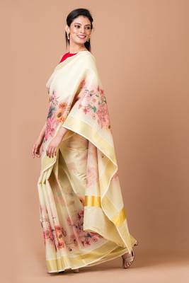 Indiloom Yellow Digital Print Kasavu Kerela Cotton Saree With Blouse Piece 3