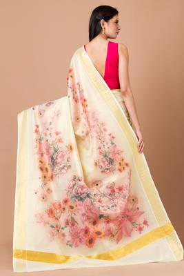 Indiloom Yellow Digital Print Kasavu Kerela Cotton Saree With Blouse Piece 4