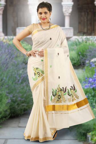 RSV fabrics kerala kasavu cotton saree with running blouse