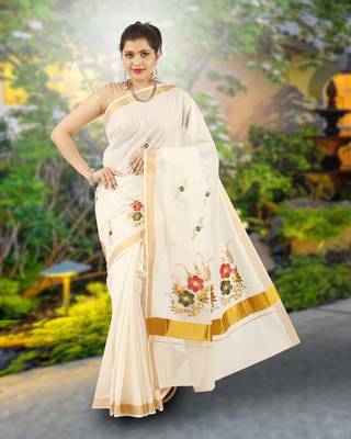 RSV fabrics kerala kasavu cotton saree with running blouse 1