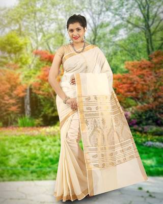 Off-White kerala kasavu cotton saree with running blouse 1