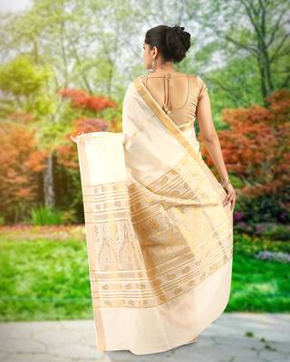 Off-White kerala kasavu cotton saree with running blouse 2