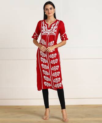 Vahson women   s chikankari hand embroidery lucknowi cotton red a-line kurta 1