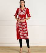 Vahson women   s chikankari hand embroidery lucknowi cotton red a-line kurta
