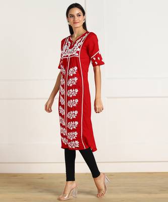 Vahson women   s chikankari hand embroidery lucknowi cotton red a-line kurta 2