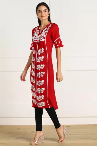 Vahson women   s chikankari hand embroidery lucknowi cotton red a-line kurta