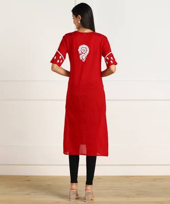 Vahson women   s chikankari hand embroidery lucknowi cotton red a-line kurta 3
