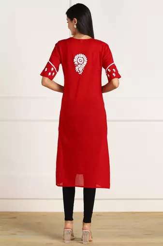Vahson women   s chikankari hand embroidery lucknowi cotton red a-line kurta