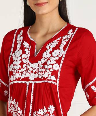 Vahson women   s chikankari hand embroidery lucknowi cotton red a-line kurta 4