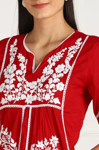 Vahson women   s chikankari hand embroidery lucknowi cotton red a-line kurta