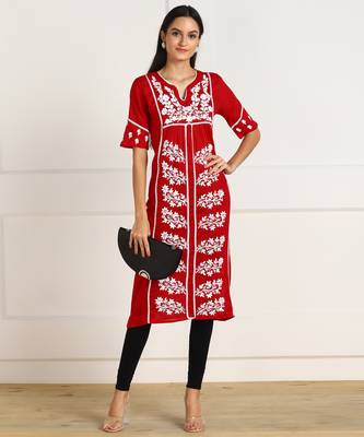 Vahson women   s chikankari hand embroidery lucknowi cotton red a-line kurta 5