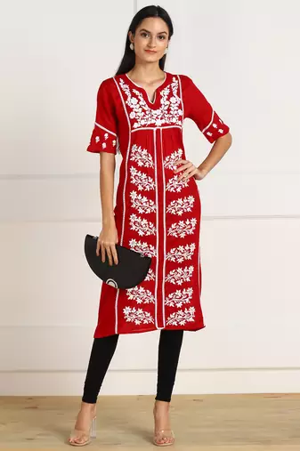 Vahson women   s chikankari hand embroidery lucknowi cotton red a-line kurta