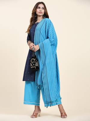 Women's cotton kurta plazzo dupatta set - graceful lace detailing and comfortable 3/4 sleeve 1