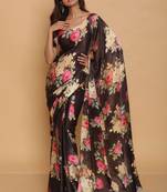 Black digital printed pure japan satin designer saree with blouse