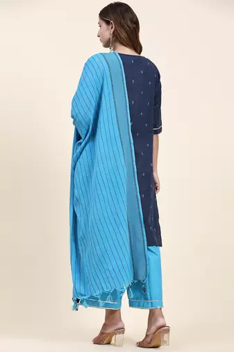 Women's cotton kurta plazzo dupatta set - graceful lace detailing and comfortable 3/4 sleeve