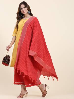 Women's cotton kurta plazzo dupatta set - graceful lace detailing and comfortable 3/4 sleeve 1