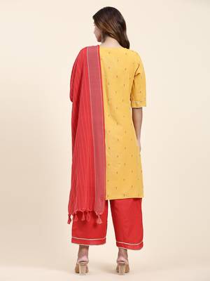 Women's cotton kurta plazzo dupatta set - graceful lace detailing and comfortable 3/4 sleeve 2