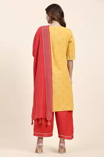 Women's cotton kurta plazzo dupatta set - graceful lace detailing and comfortable 3/4 sleeve