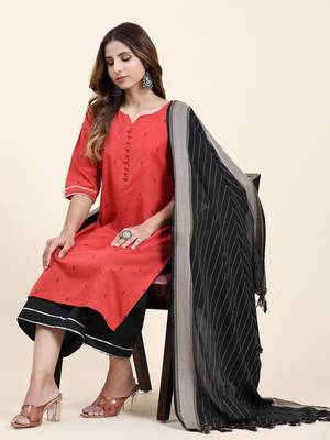 Women's cotton kurta plazzo dupatta set - graceful lace detailing and comfortable 3/4 sleeve 1