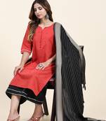 Women's cotton kurta plazzo dupatta set - graceful lace detailing and comfortable 3/4 sleeve