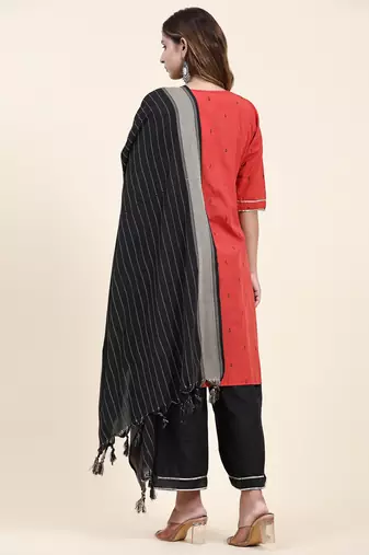Women's cotton kurta plazzo dupatta set - graceful lace detailing and comfortable 3/4 sleeve