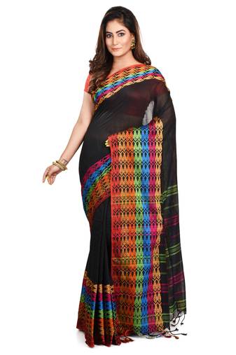 Puja Special Black Handloom Cotton Fish Motif Begumpuri saree with attach running blouse piece 