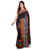 Puja Special Black Handloom Cotton Fish Motif Begumpuri saree with attach running blouse piece 