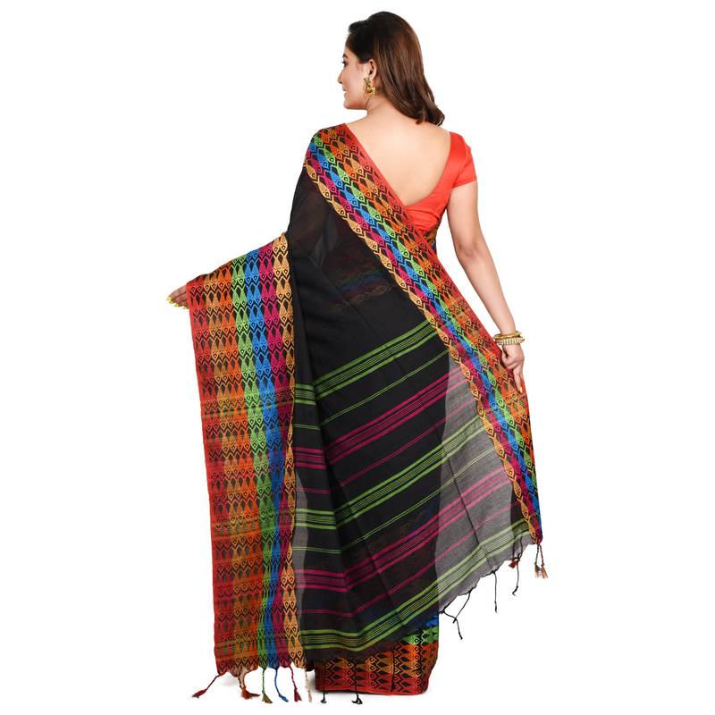 Puja Special Black Handloom Cotton Fish Motif Begumpuri saree with attach running blouse piece 