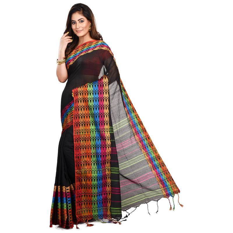 Puja Special Black Handloom Cotton Fish Motif Begumpuri saree with attach running blouse piece 