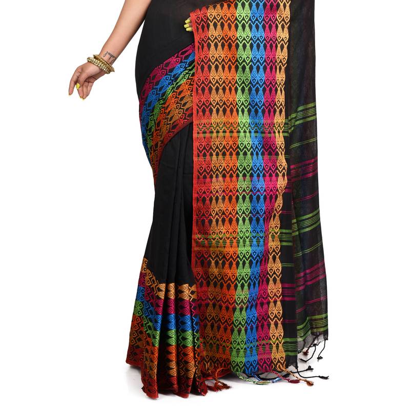 Puja Special Black Handloom Cotton Fish Motif Begumpuri saree with attach running blouse piece 