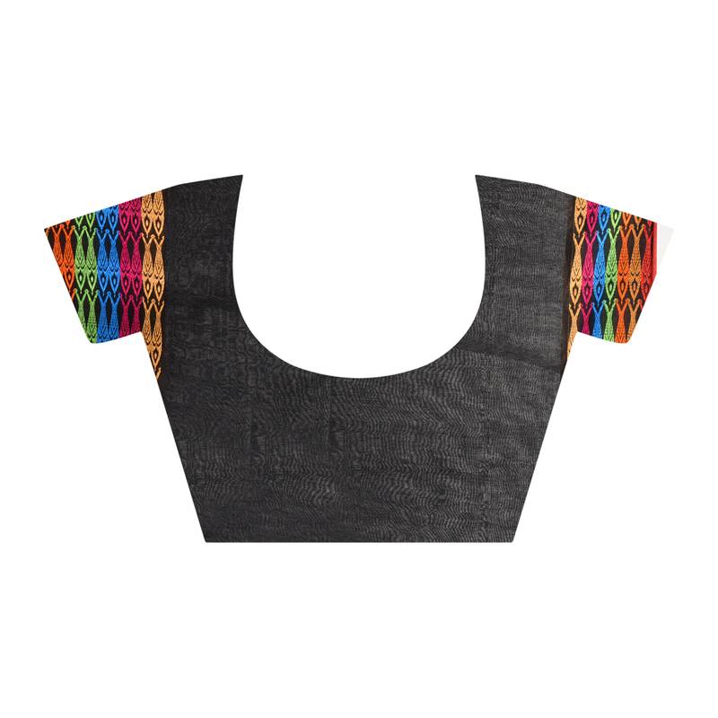 Puja Special Black Handloom Cotton Fish Motif Begumpuri saree with attach running blouse piece 