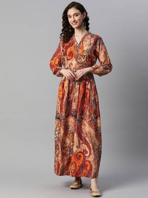 Indibelle rayon orange paisley print a-line dress 1