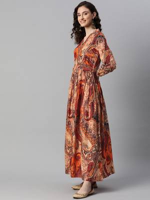 Indibelle rayon orange paisley print a-line dress 2