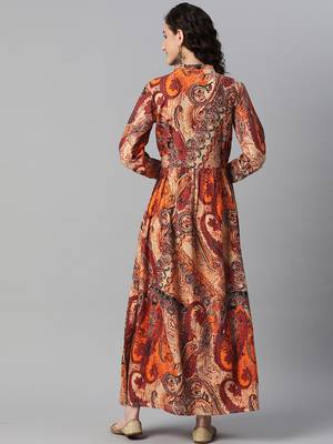Indibelle rayon orange paisley print a-line dress 3