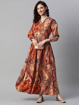 Indibelle rayon orange paisley print a-line dress 5