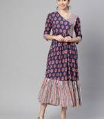 Indibelle rayon blue floral print flared dress