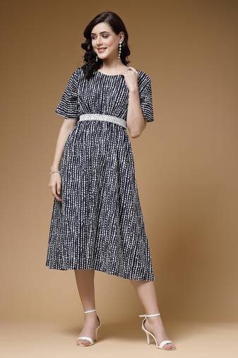 Indibelle blue stripe print cotton lurex belted flared dress