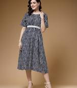 Indibelle blue stripe print cotton lurex belted flared dress