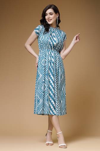 Indibelle sky blue geomatric print rayon flared dress