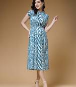 Indibelle sky blue geomatric print rayon flared dress