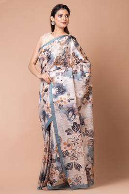 Indiloom Cream Digital Print Semi Tussar Saree With Blouse Piece 2